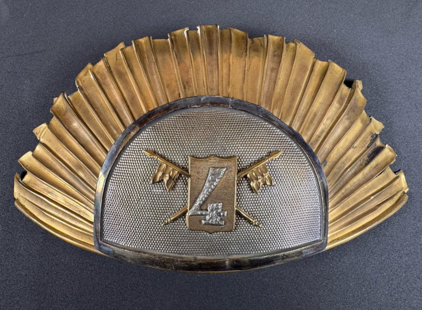 Photo 1 of WW1 Belgian Army 4th Lancers Officer's Tschapka Helmet Plate Badge - collectible militaria item
