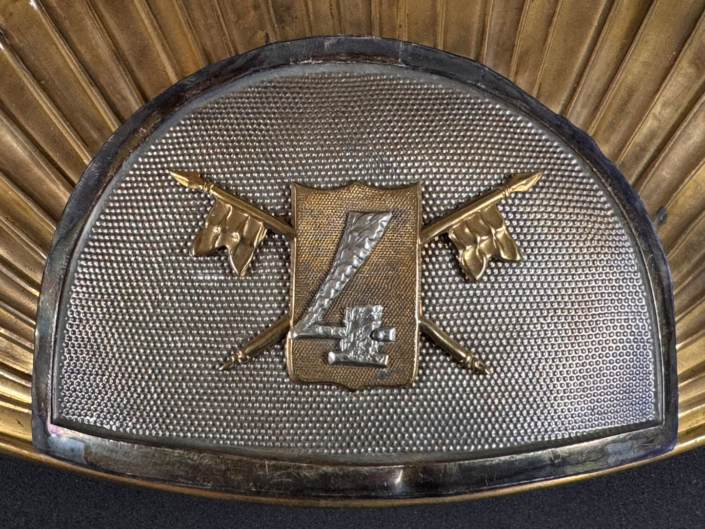 Photo 2 of WW1 Belgian Army 4th Lancers Officer's Tschapka Helmet Plate Badge - collectible militaria item