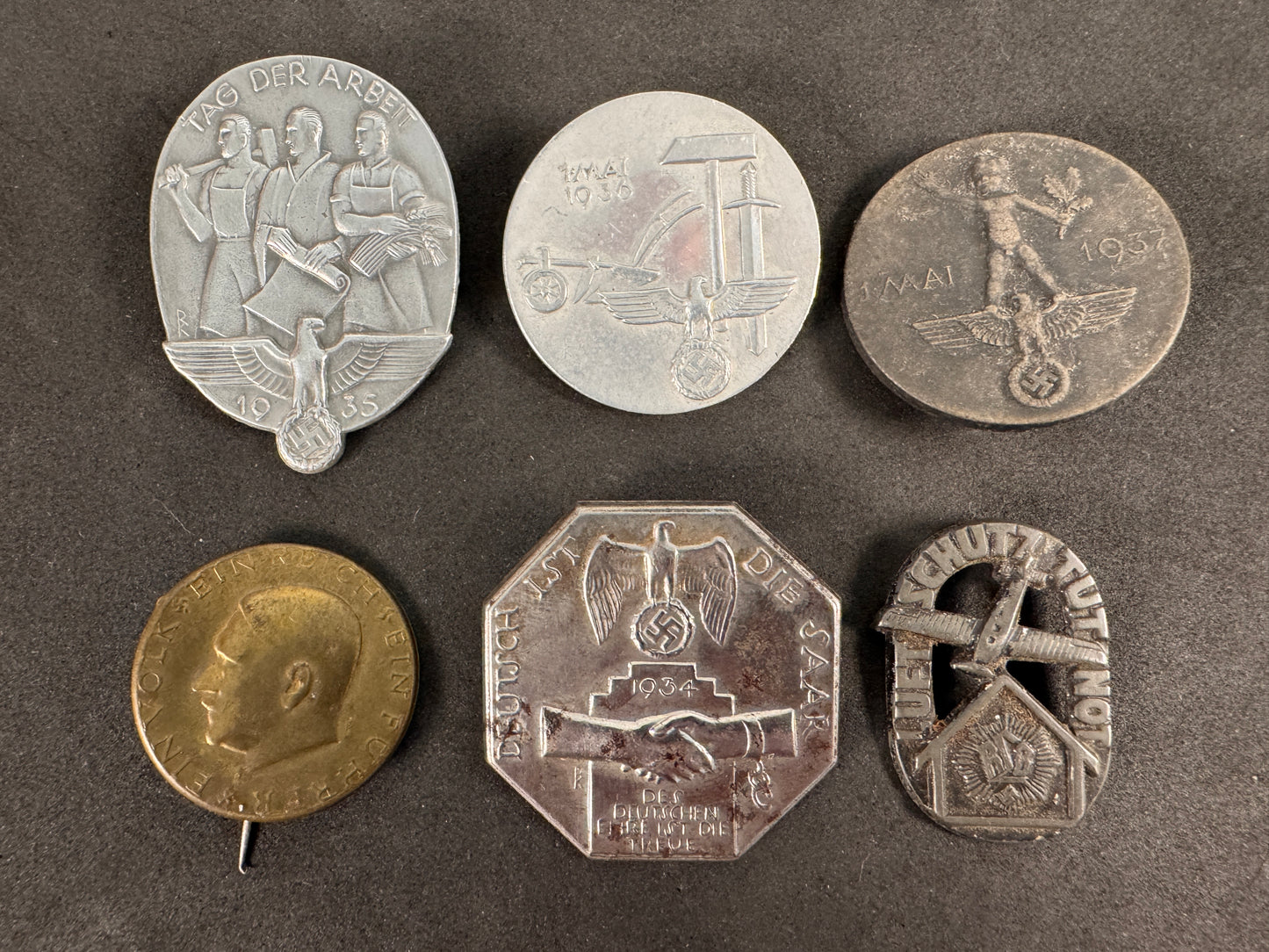 Lot of 6 Original WW2 German Tinnies & Propaganda Badges – 1933–1937 NSDAP Events