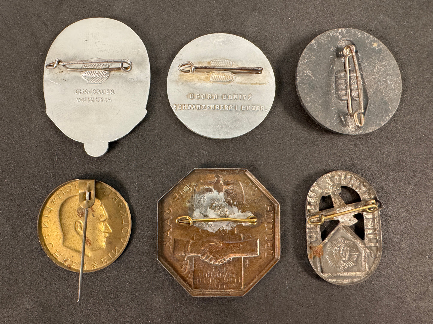 Lot of 6 Original WW2 German Tinnies & Propaganda Badges – 1933–1937 NSDAP Events
