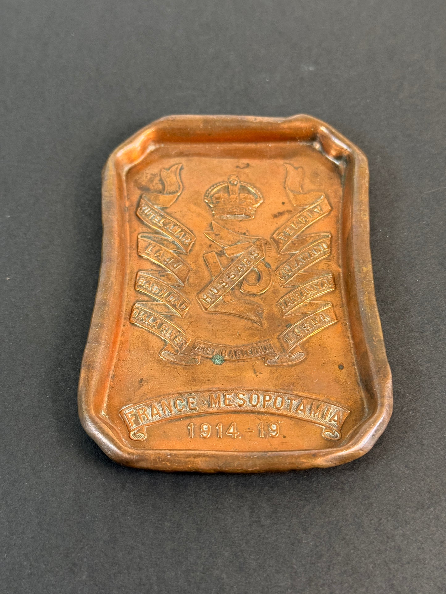 Image of product: ww1 british army 13th hussars cavalry commemorative trench art copper tray