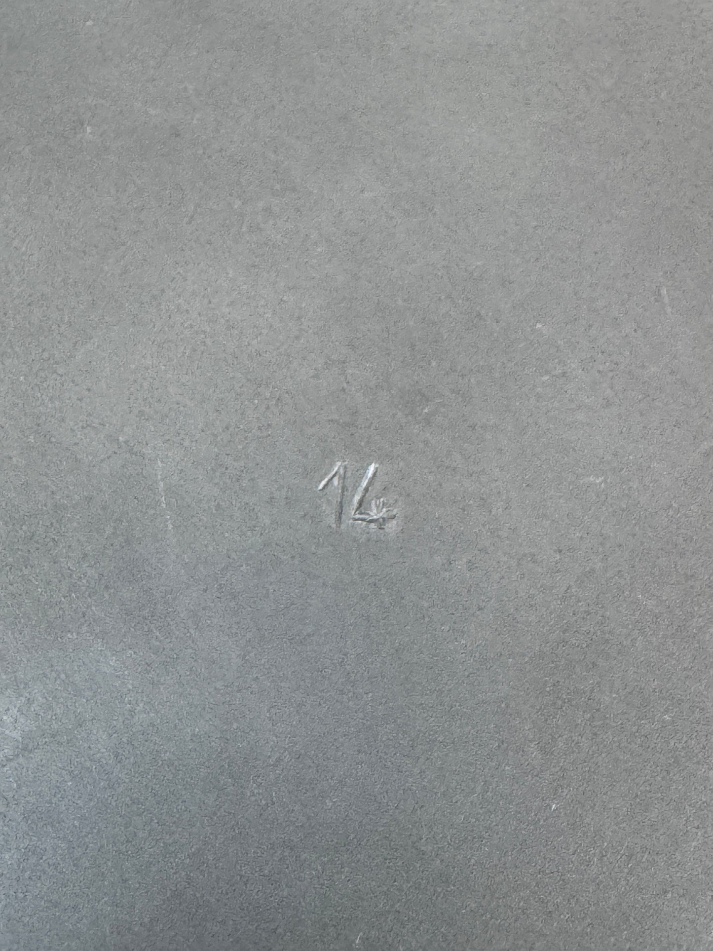Grey textured metal surface with a maker mark 14 in the center. NSFK competition plaque.