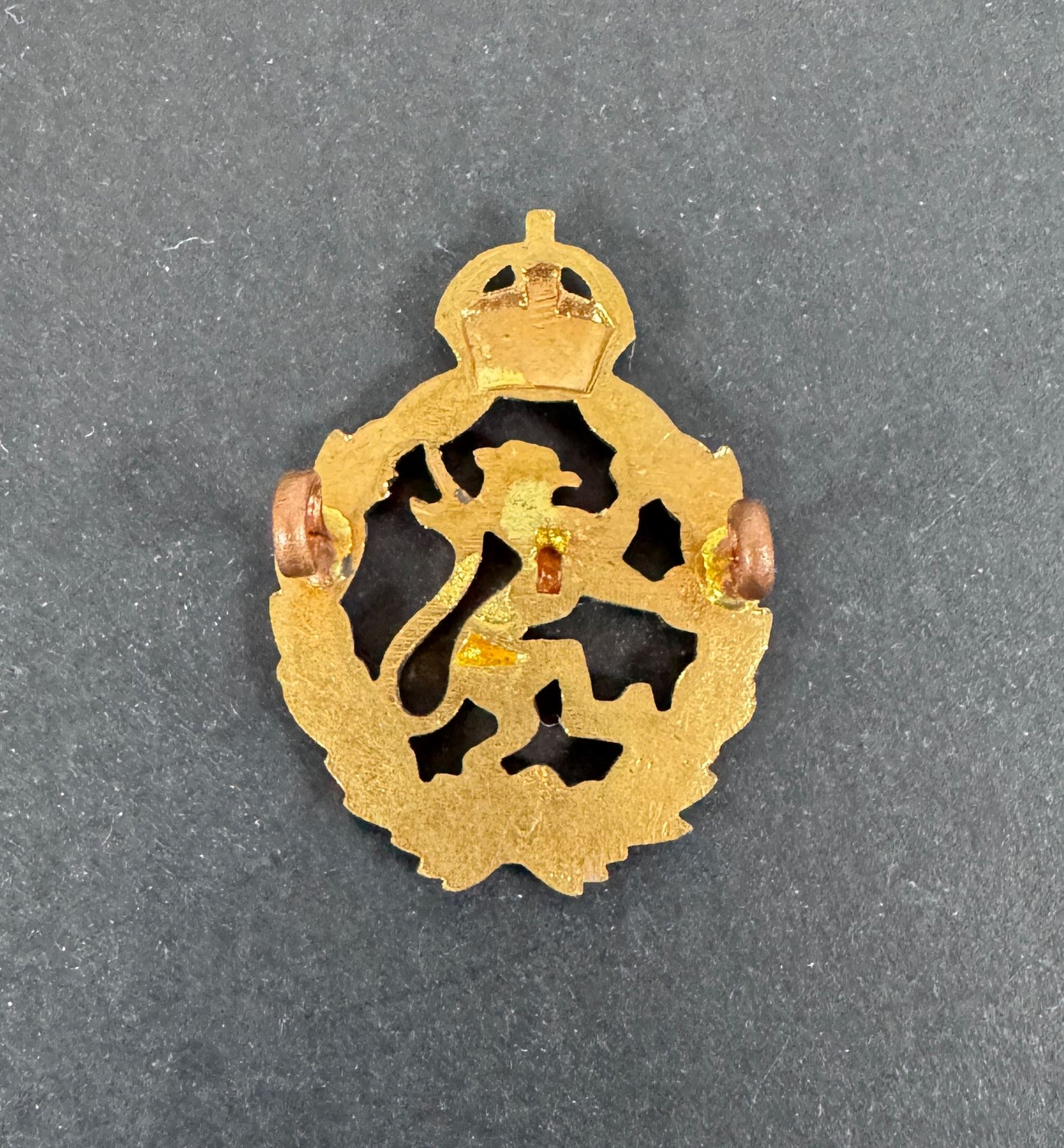 Decorative emblem with a lion and crown on a dark background reverse view.