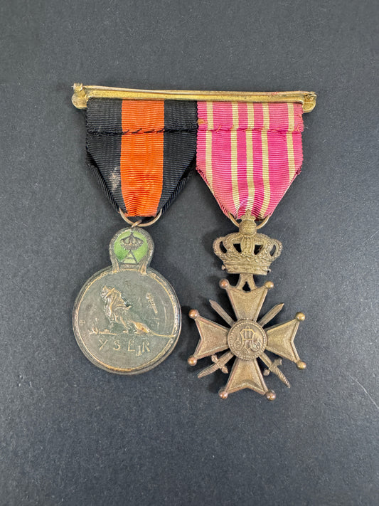WW1 Belgian Army Croix de Guerre (War Cross) 1914–1918 & Yser Medal Bar