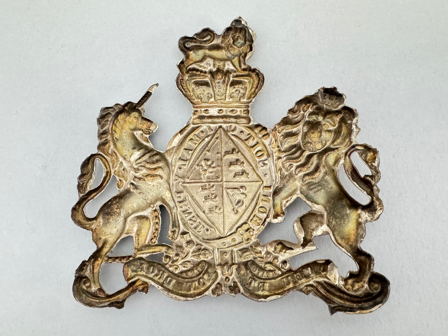 Antique Victorian British Royal Coat of Arms Silvered Plaque