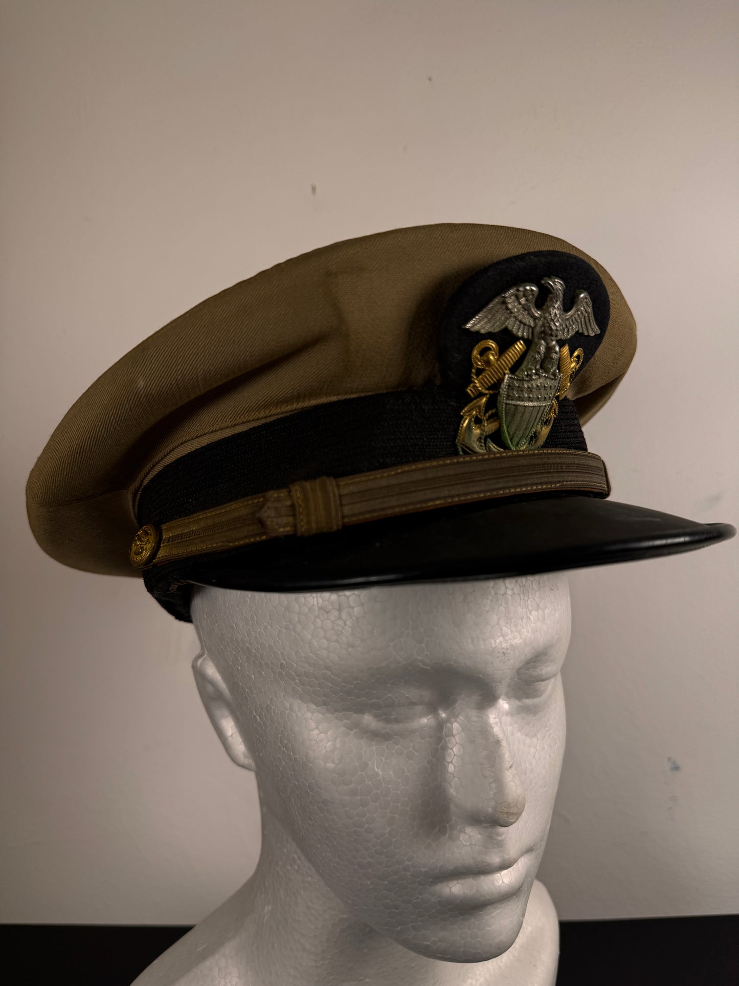 Photo 1 of WWII U.S. Navy Officer’s Khaki Combination Cap - Named - collectible militaria item