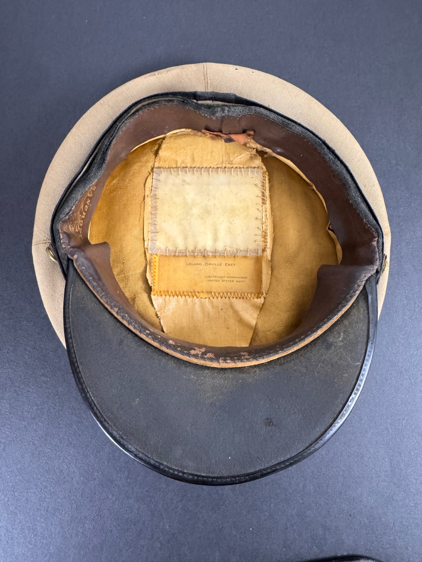 Photo 9 of WWII U.S. Navy Officer’s Khaki Combination Cap - Named - collectible militaria item