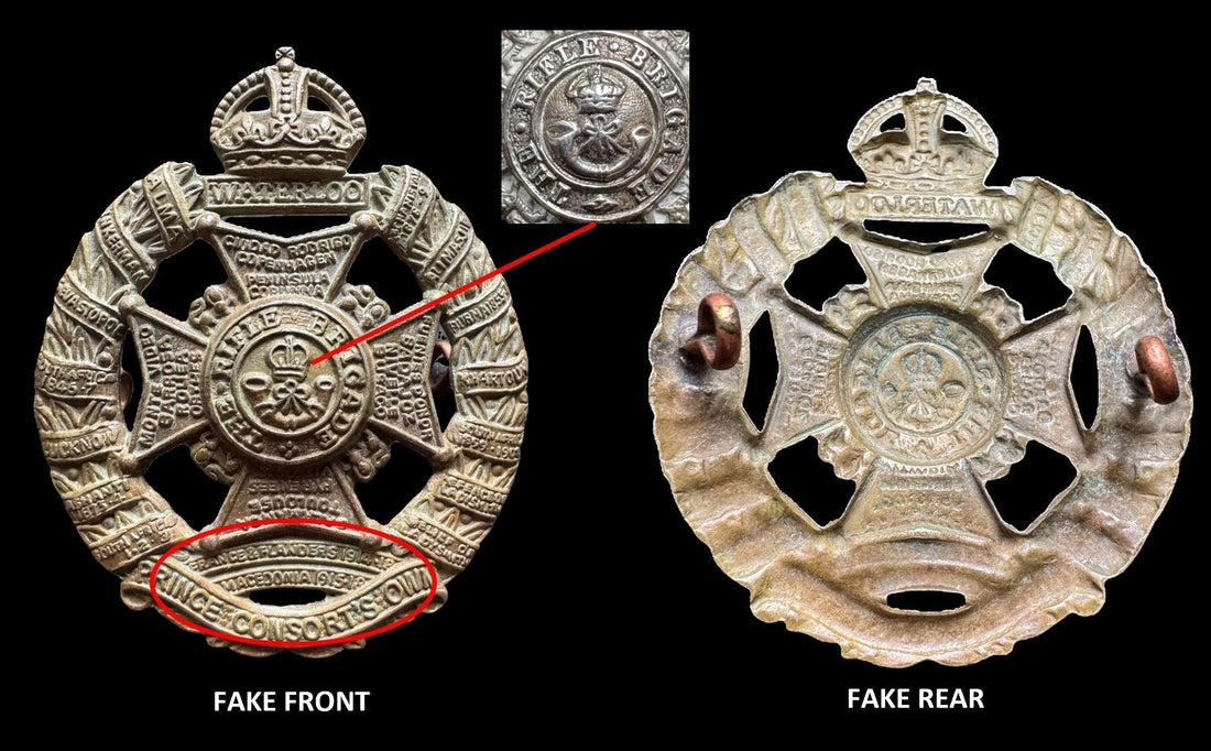 side by side comparison of a fake British army cap badge.