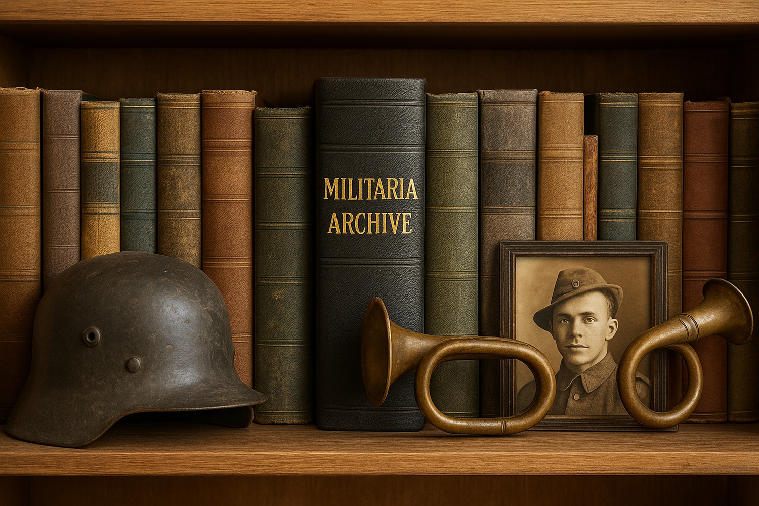 A wooden bookshelf with vintage albums labeled "Militaria Archive," flanked by a German helmet, brass bugle, and sepia portrait photograph.
