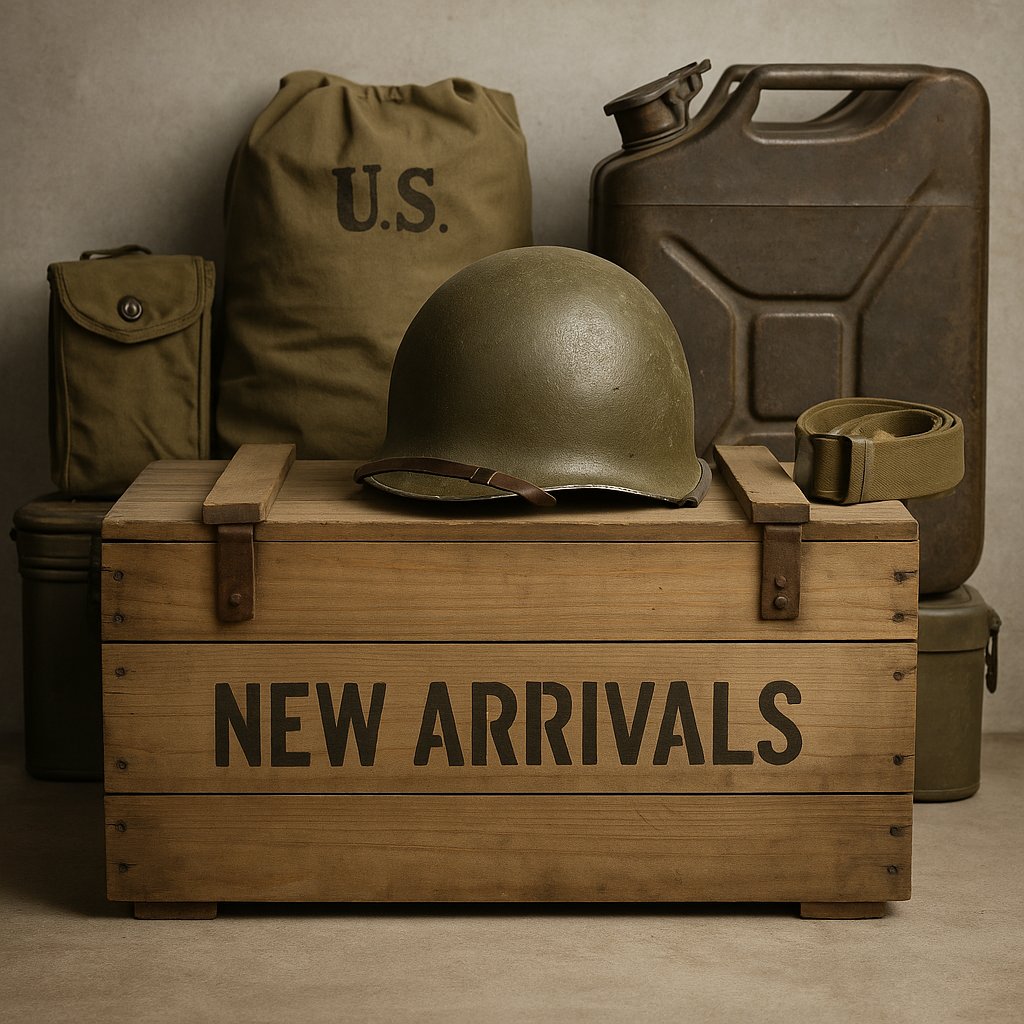 A wooden military logistics crate marked “New Arrivals,” surrounded by vintage military gear and equipment on a workshop floor.