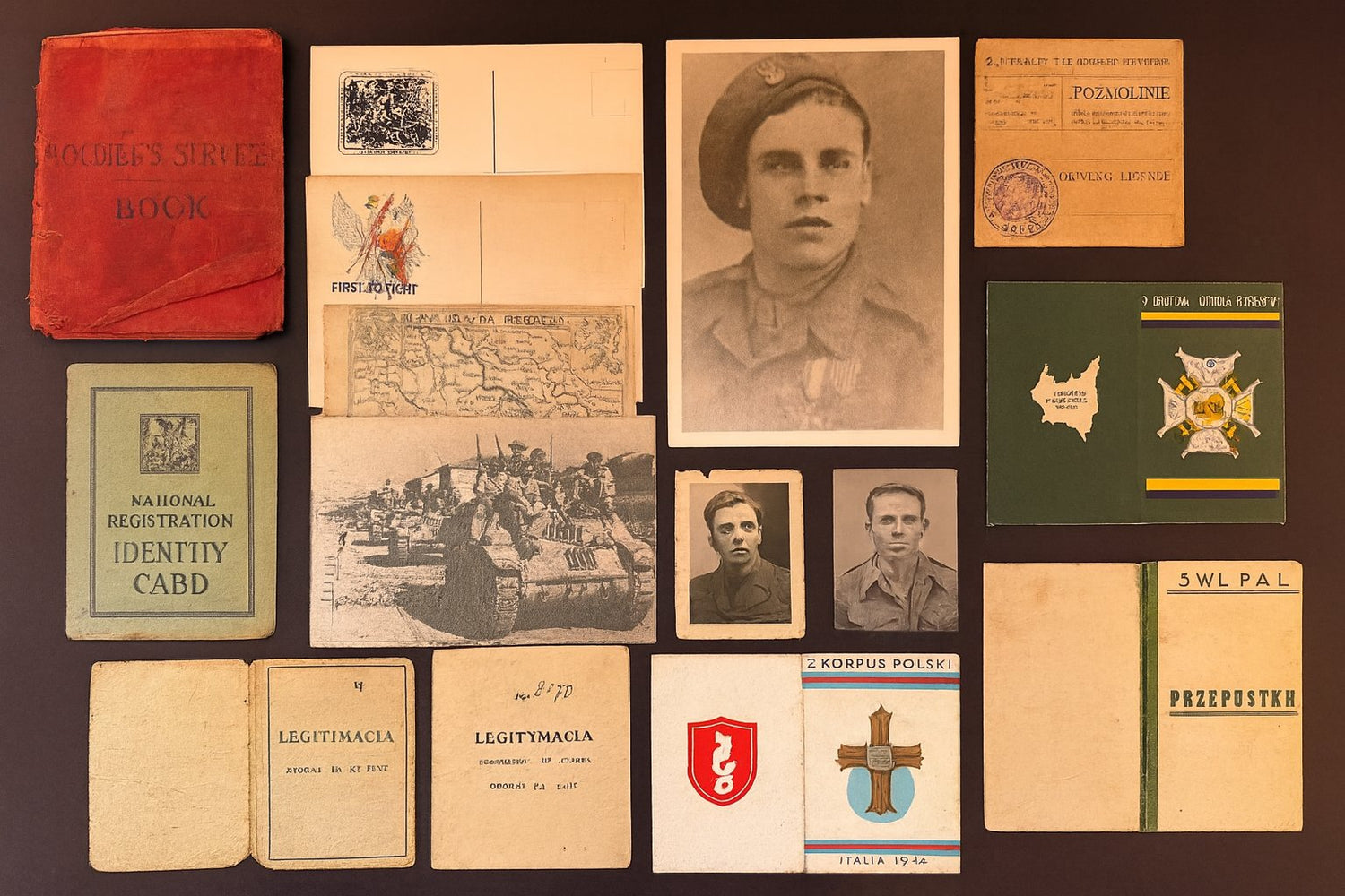 Assorted WW2-era Polish documents, ID cards, military portraits, maps, and insignia from the 2nd Polish Corps and Kresowa Infantry Division, Italy campaign.