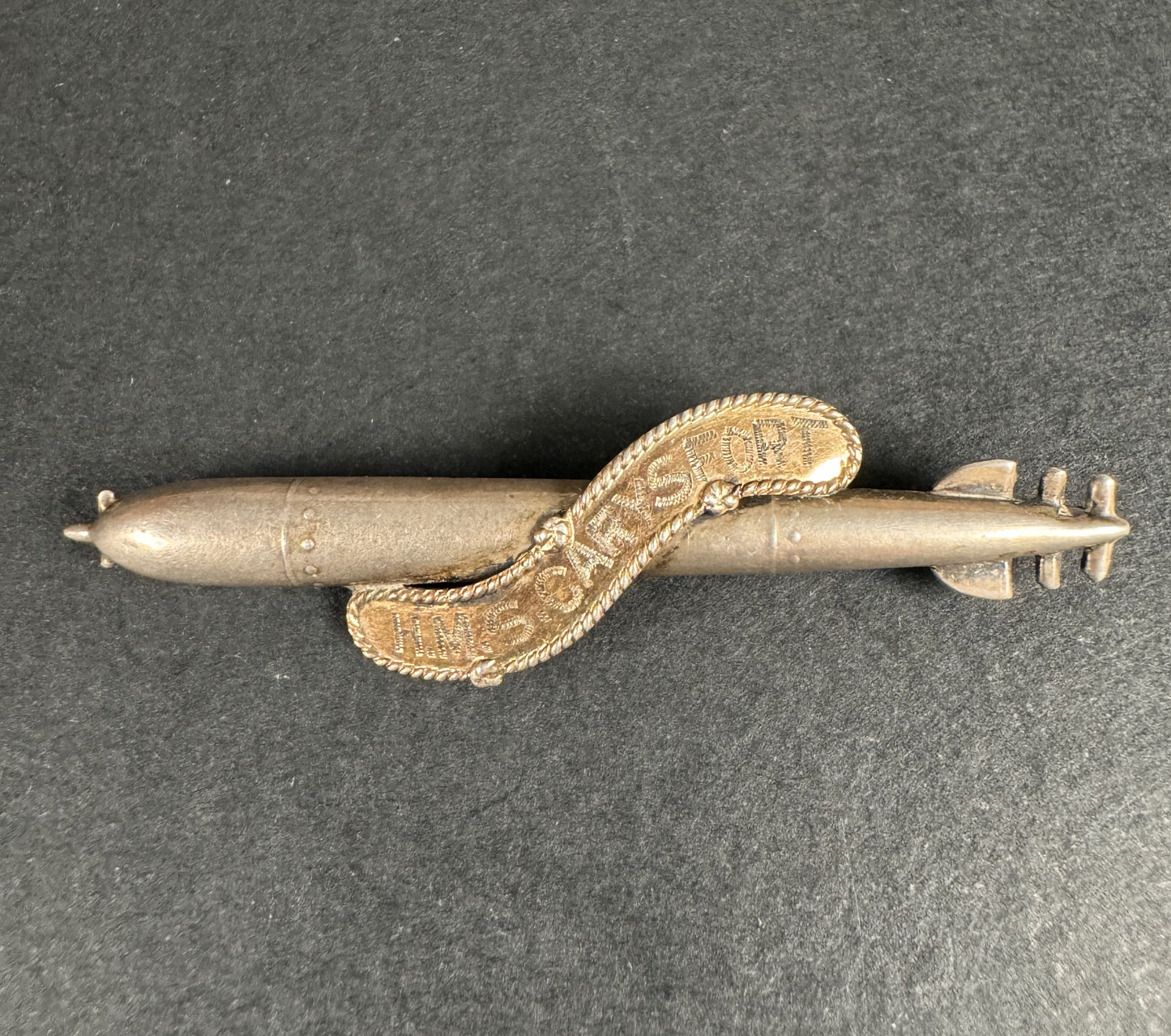 Photo 1 of WW1 Royal Navy H.M.S. Carysfort Silver Torpedo Sweetheart Badge - collectible militaria item