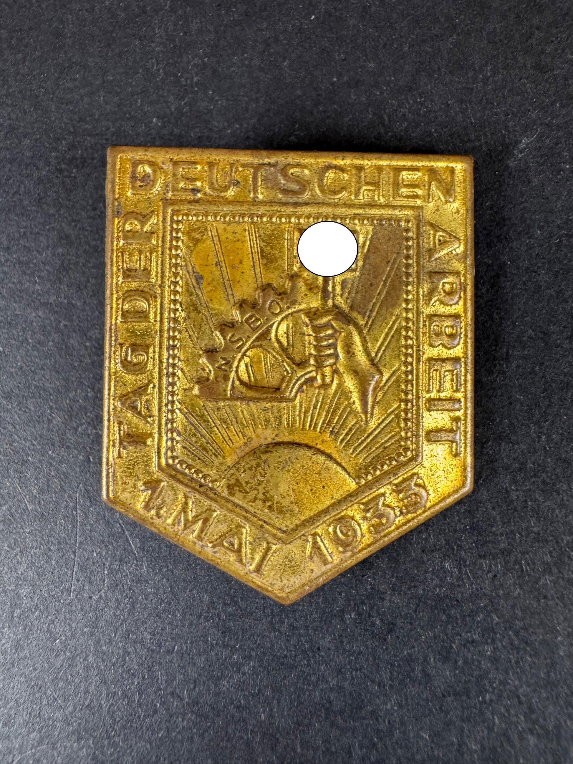 Photo 1 of Third Reich NSBO Tag Der Deutschen Arbeit 1933 Tinnie - collectible militaria item
