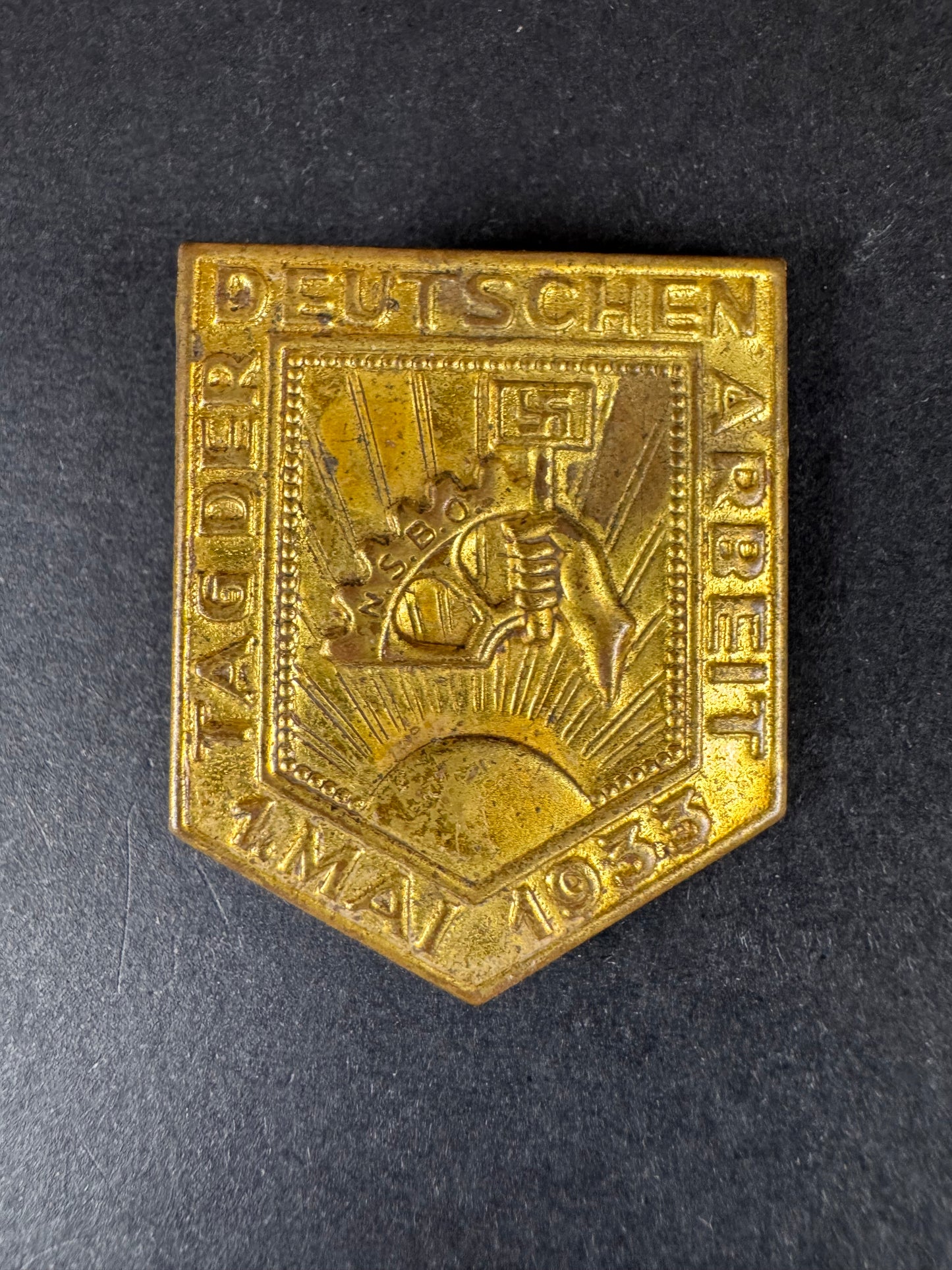 Photo 2 of Third Reich NSBO Tag Der Deutschen Arbeit 1933 Tinnie - collectible militaria item