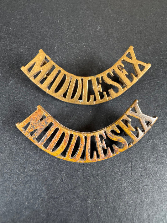Photo 1 of WW1 British Army Middlesex Regiment Uniform Shoulder Titles - collectible militaria item