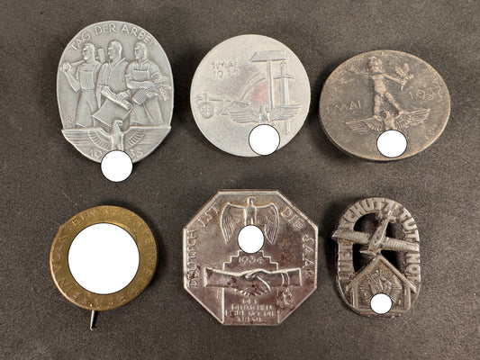 Lot of 6 Original WW2 German Tinnies & Propaganda Badges – 1933–1937 NSDAP Events