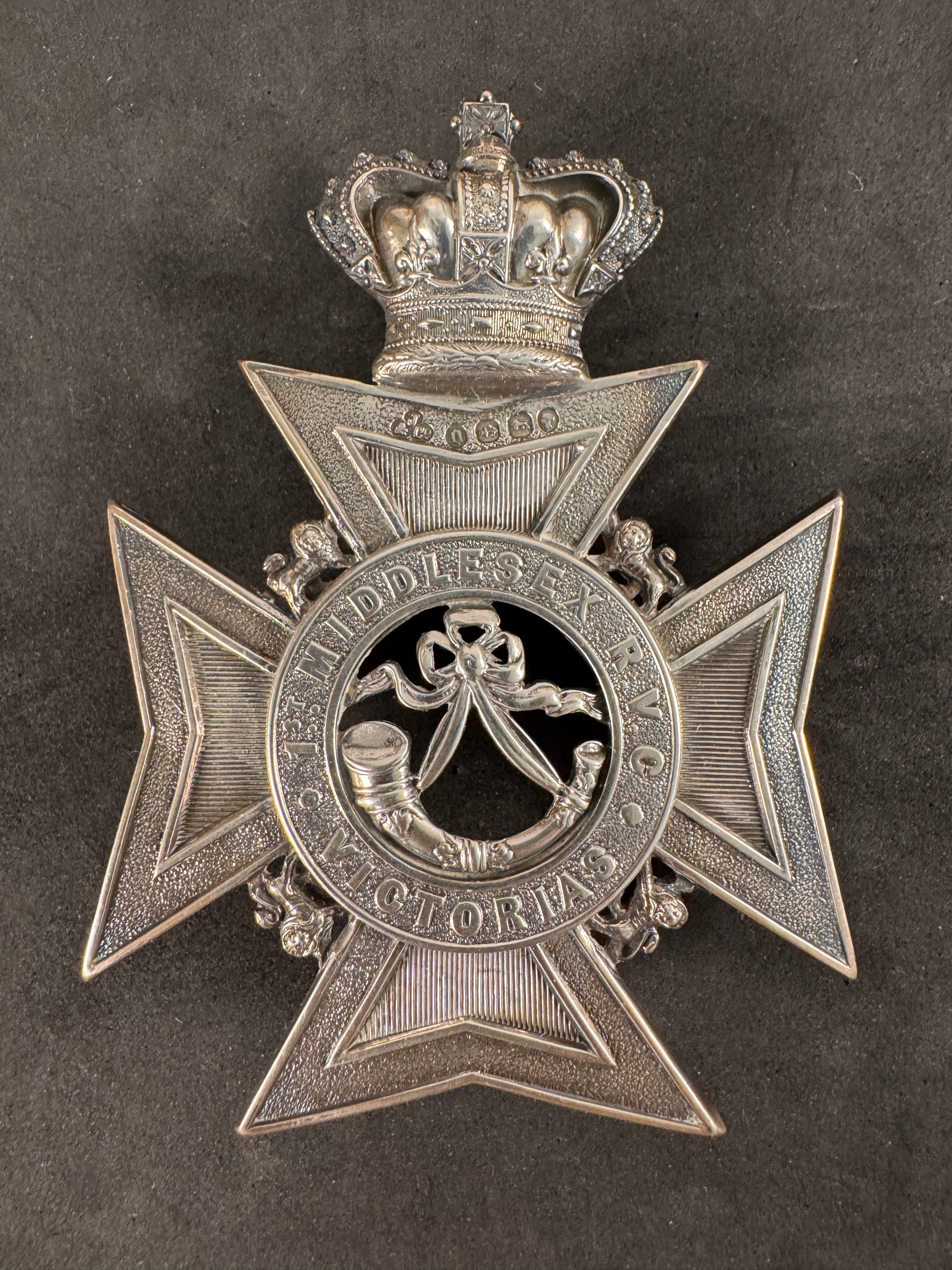 Photo 1 of Victorian British 1st Middlesex Rifle Volunteer Corps Officer's Silver Cross Belt Badge - collectible militar