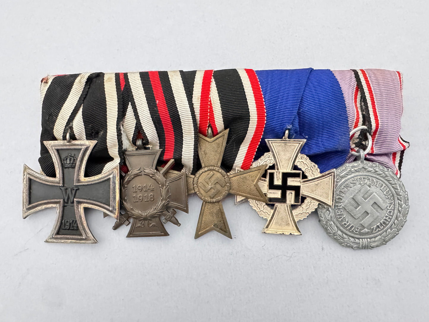 WW1 & WW2 German Medal Bar – 1914 Iron Cross, War Merit, Luftschutz Medal