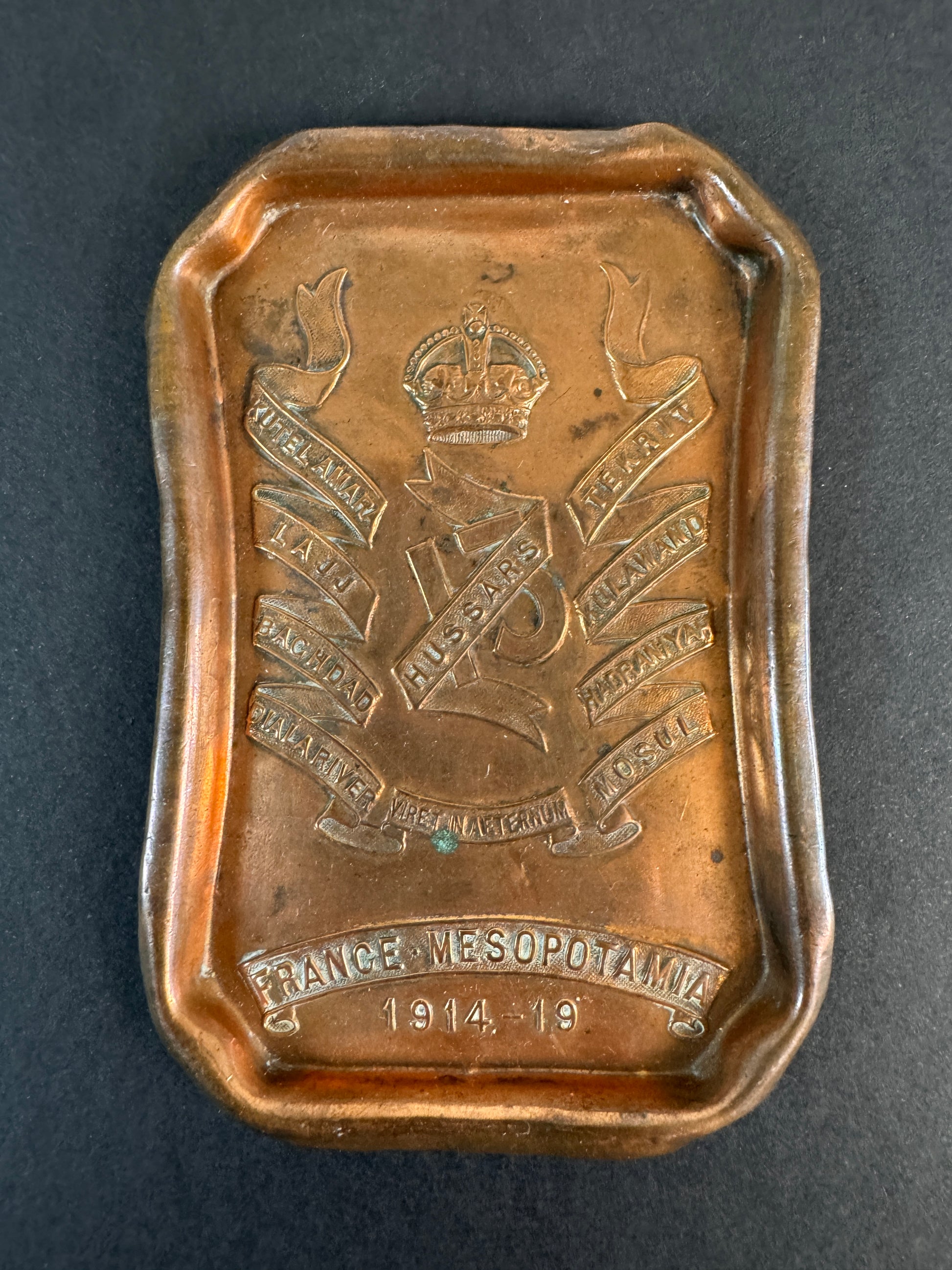 Image of WW1 British Army 13th Hussars Cavalry Commemorative Trench Art Copper Tray