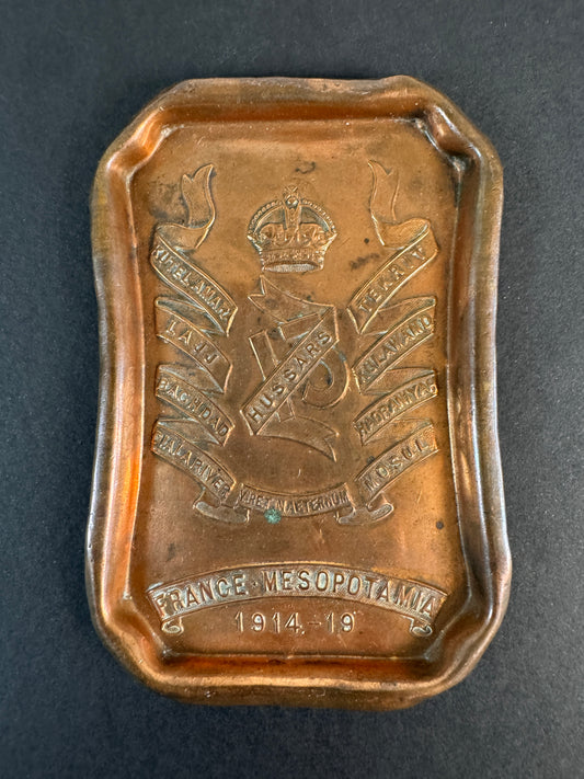 Image of WW1 British Army 13th Hussars Cavalry Commemorative Trench Art Copper Tray