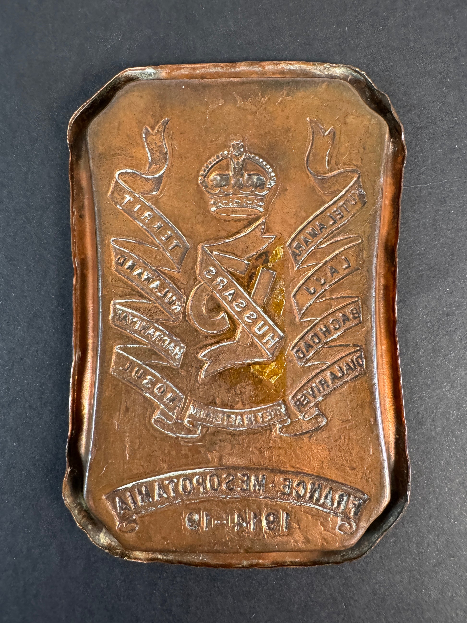 Image of product: ww1 british army 13th hussars cavalry commemorative trench art copper tray