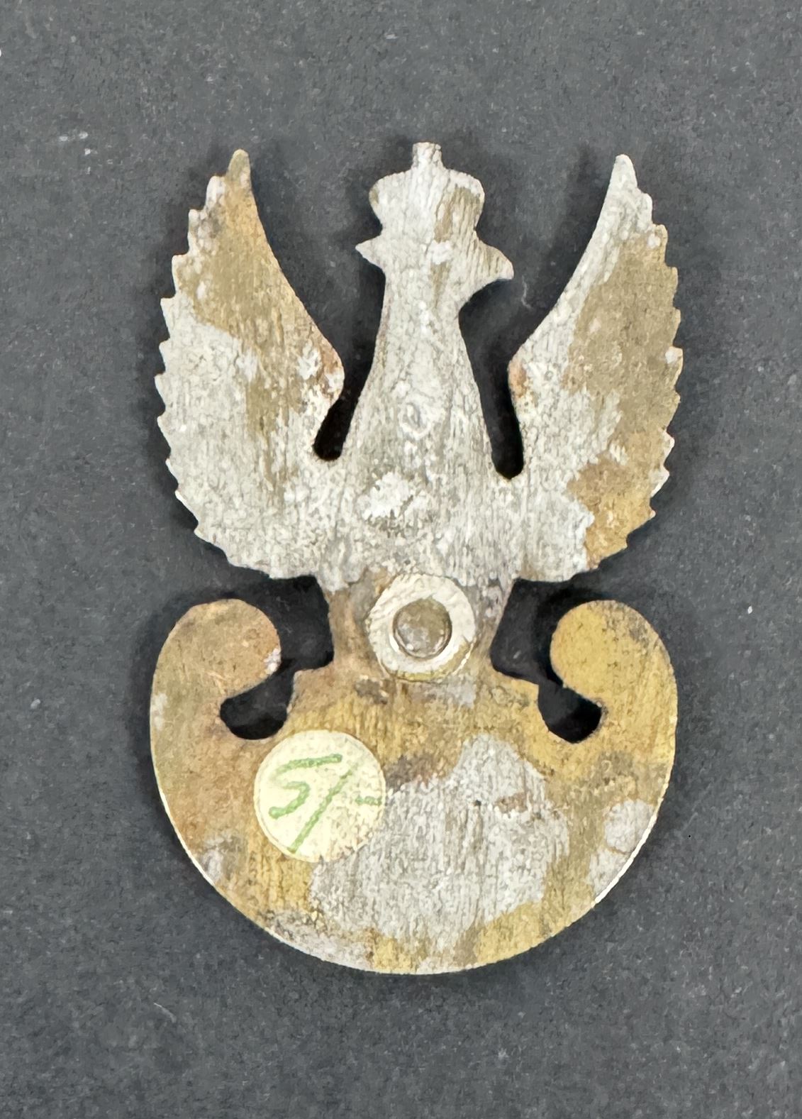 Metallic emblem with eagle design on a dark background