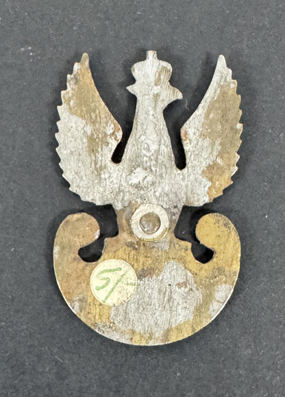 Metallic emblem with eagle design on a dark background