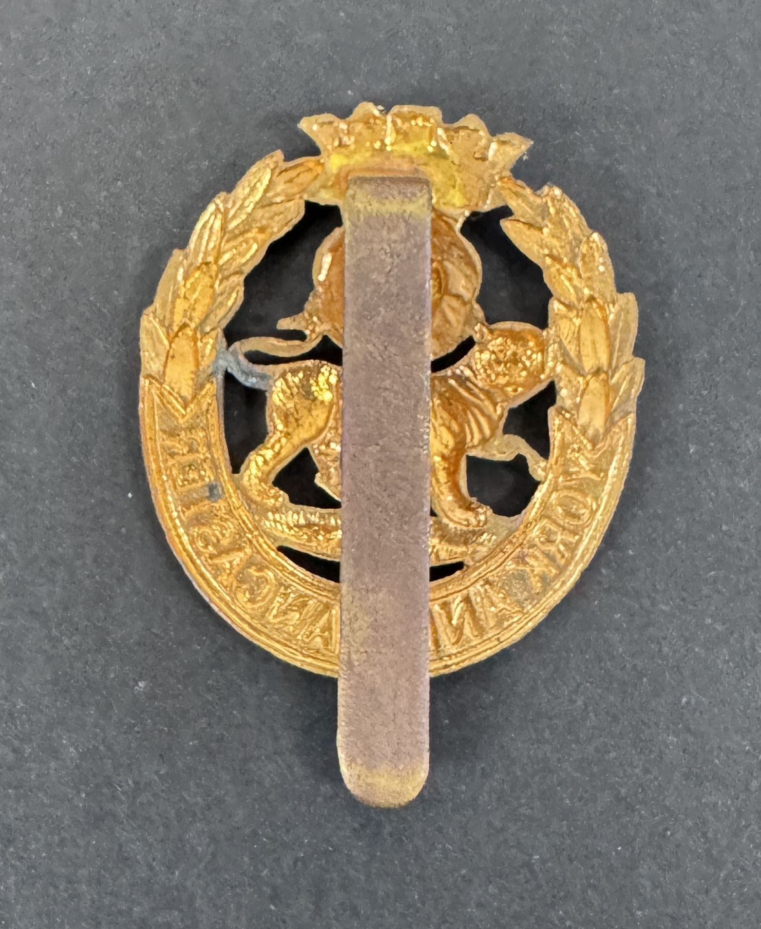 Gold military badge with a central emblem on a gray background