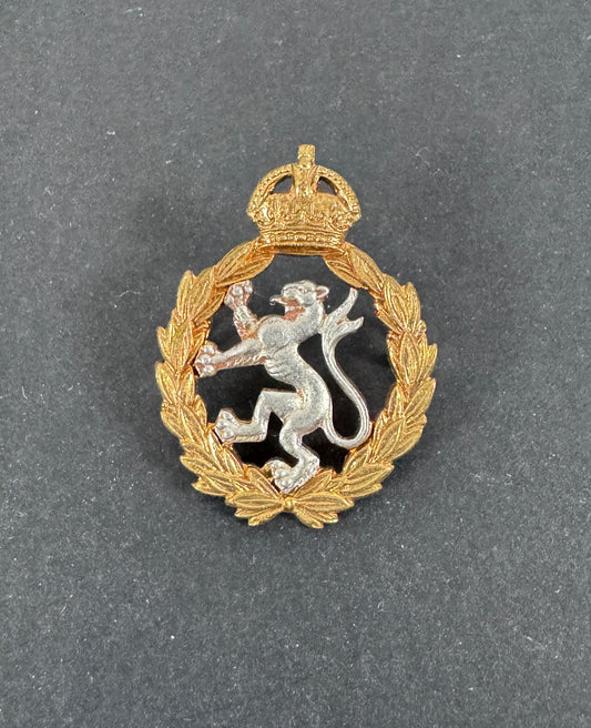 Decorative emblem with a lion and crown on a dark background
