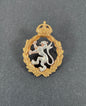 Decorative emblem with a lion and crown on a dark background