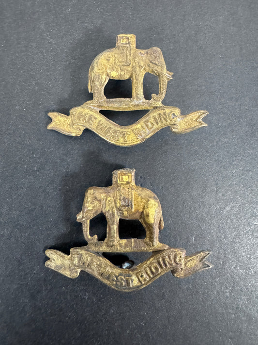 west riding regiment officer's dress uniform collar badges, Indian elephant, pair, front
