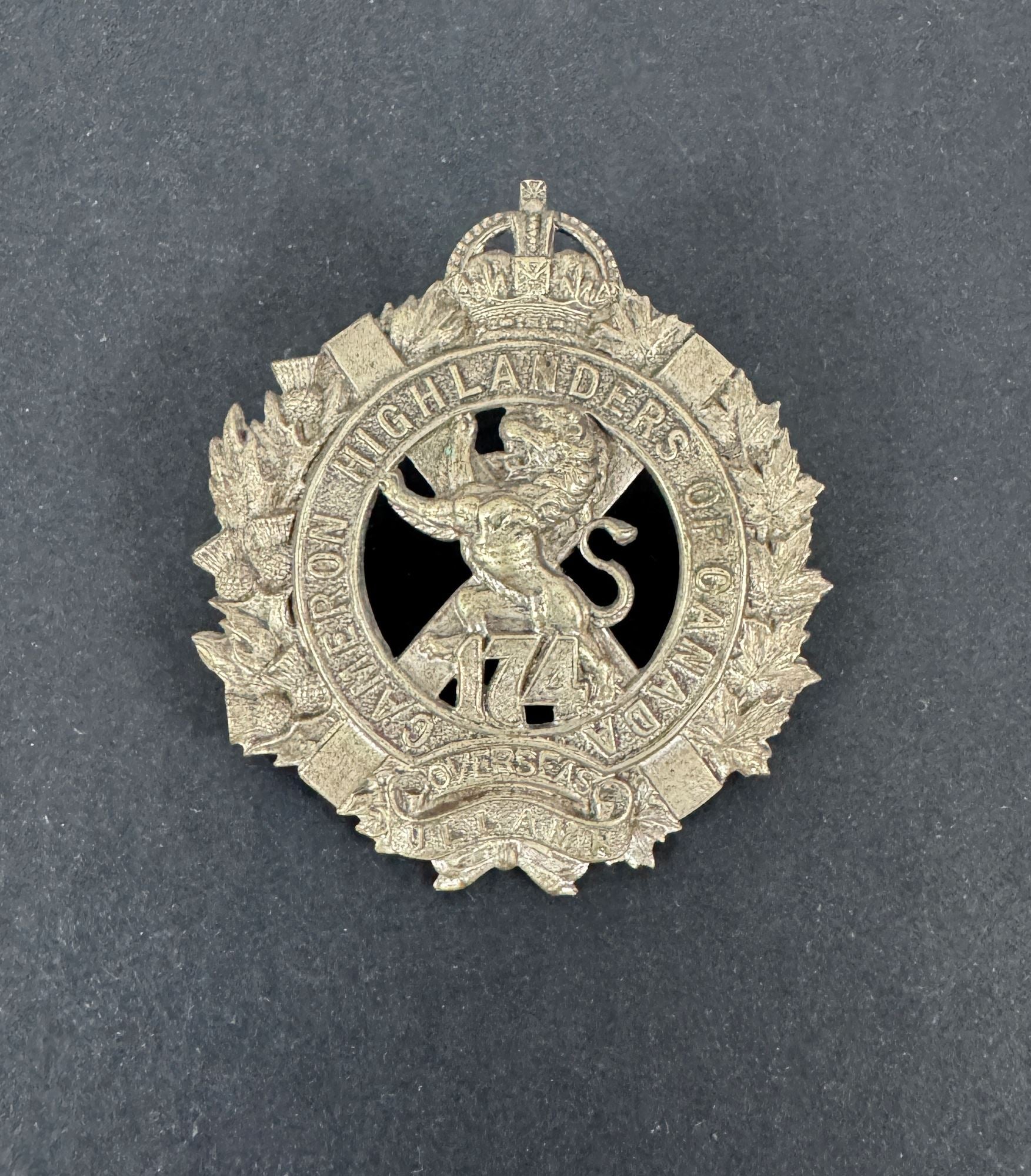 WW1 Canadian CEF 174th Overseas Battalion Cameron Highlanders Cap Badge – An original and scarce Glengarry cap badge of th...