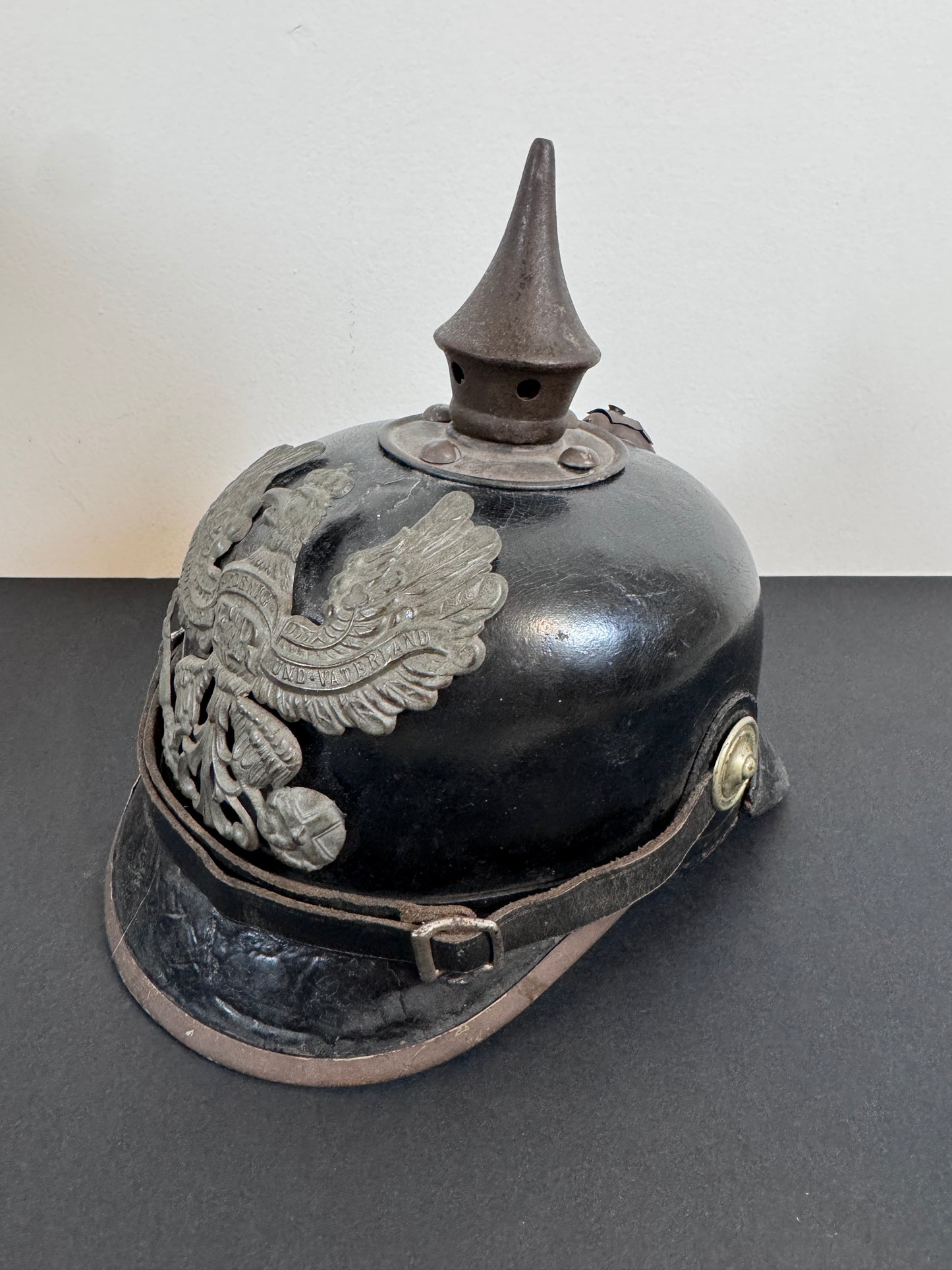 WW1 Imperial German Prussian Army Pickelhaube Spiked Helmet – This is an authentic Imperial German pickelhaube helmet issu...