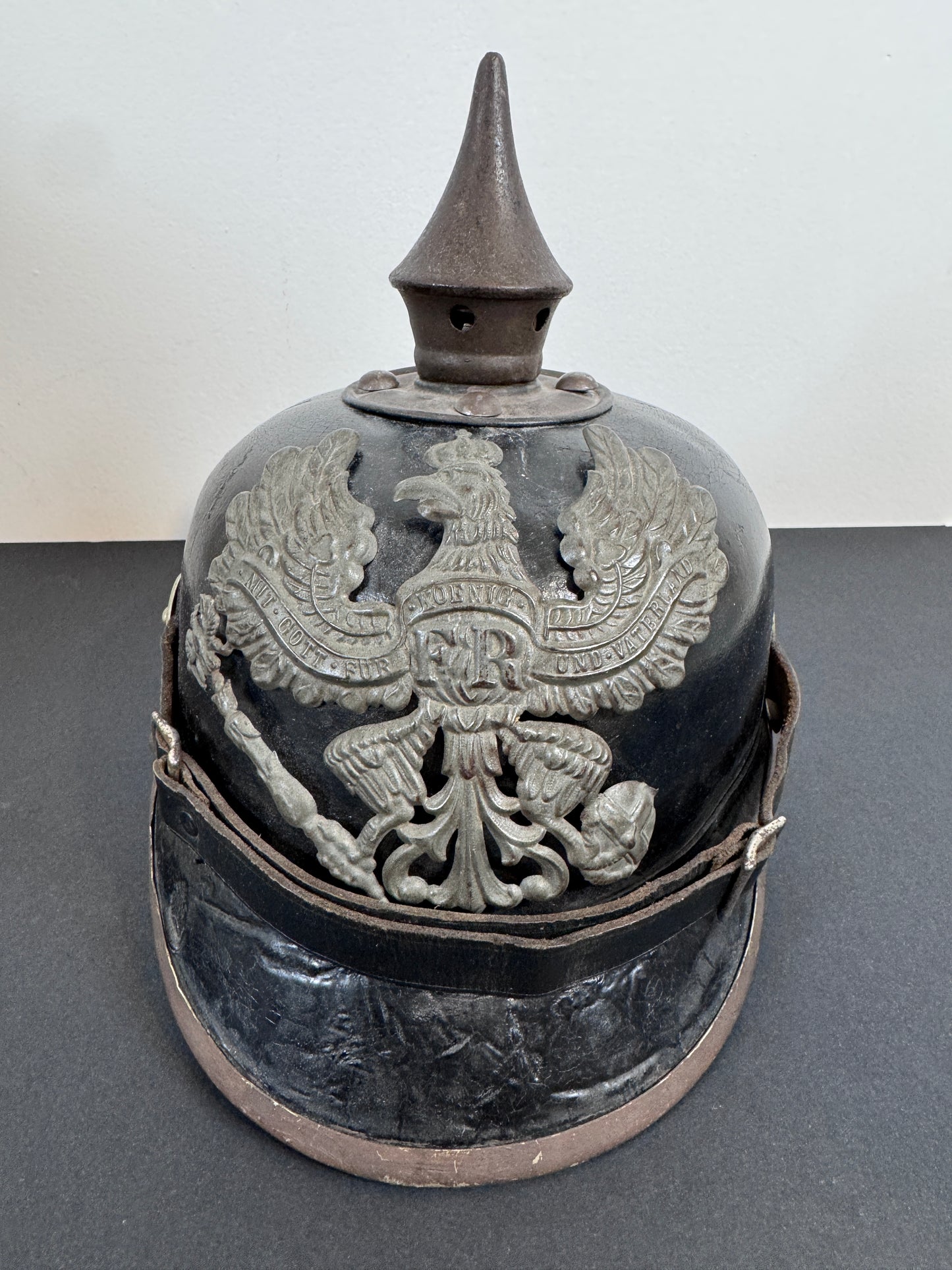 WW1 Imperial German Prussian Army Pickelhaube Spiked Helmet – This is an authentic Imperial German pickelhaube helmet issu...