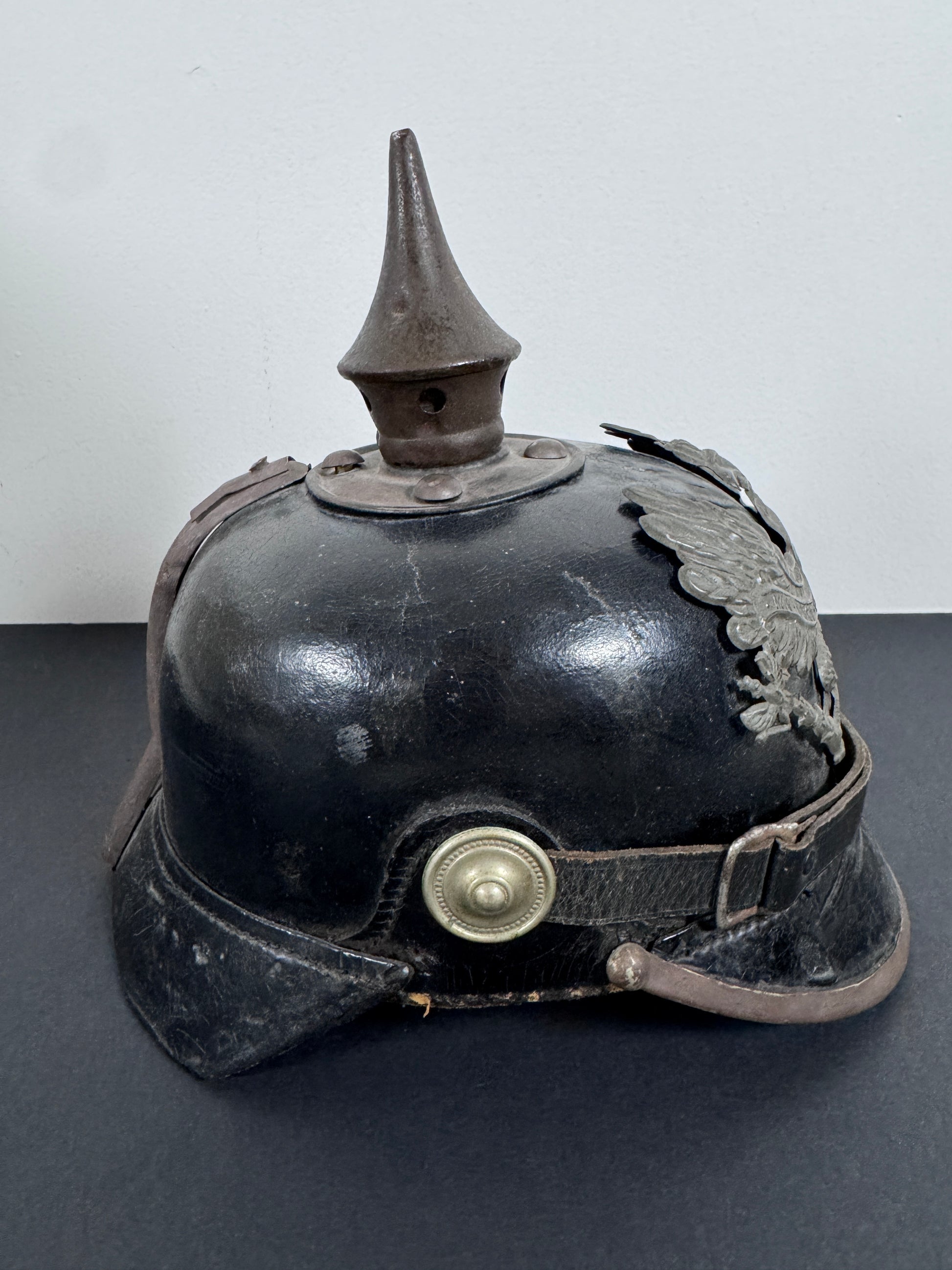 WW1 Imperial German Prussian Army Pickelhaube Spiked Helmet – This is an authentic Imperial German pickelhaube helmet issu...