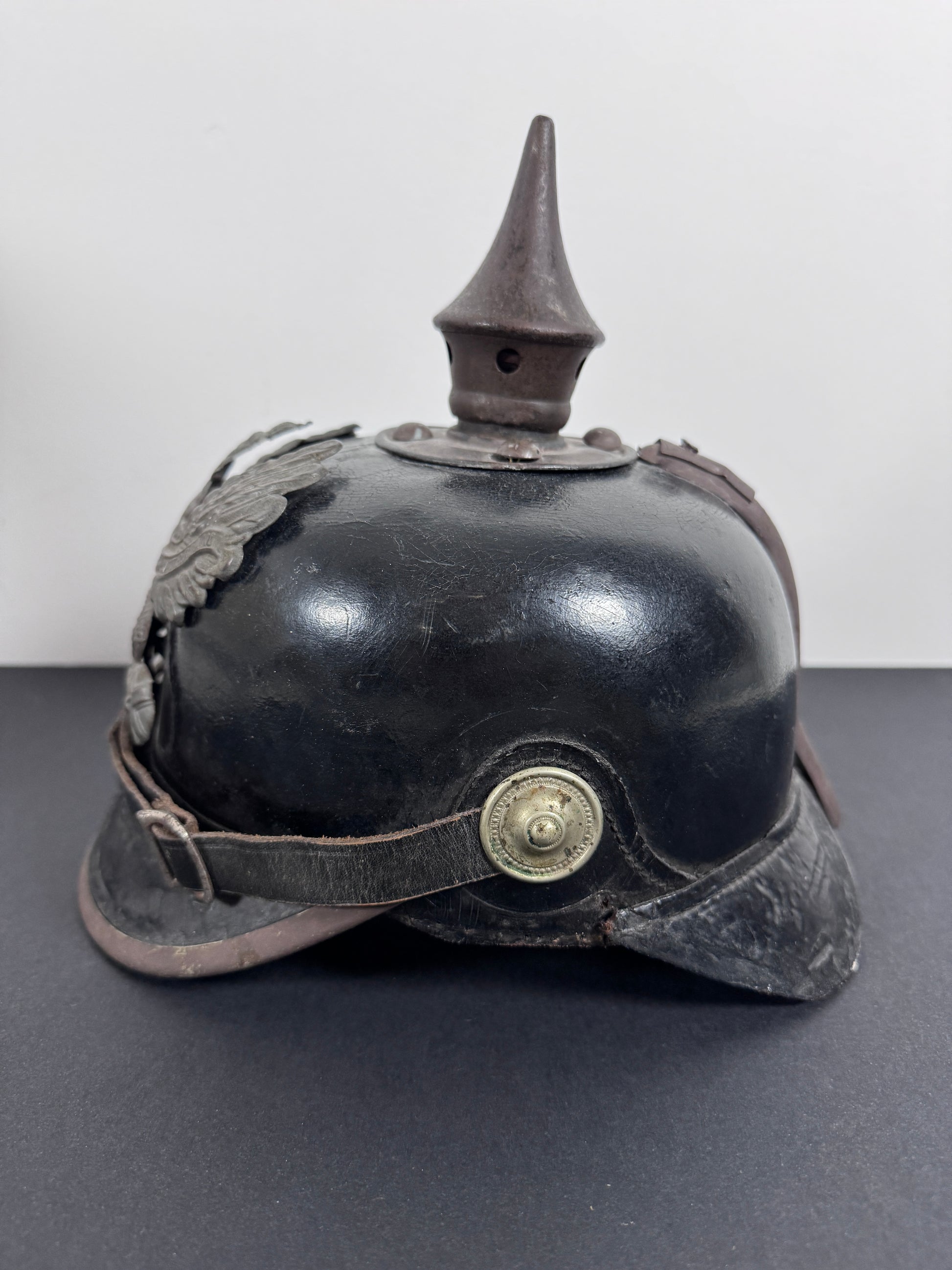 WW1 Imperial German Prussian Army Pickelhaube Spiked Helmet – This is an authentic Imperial German pickelhaube helmet issu...