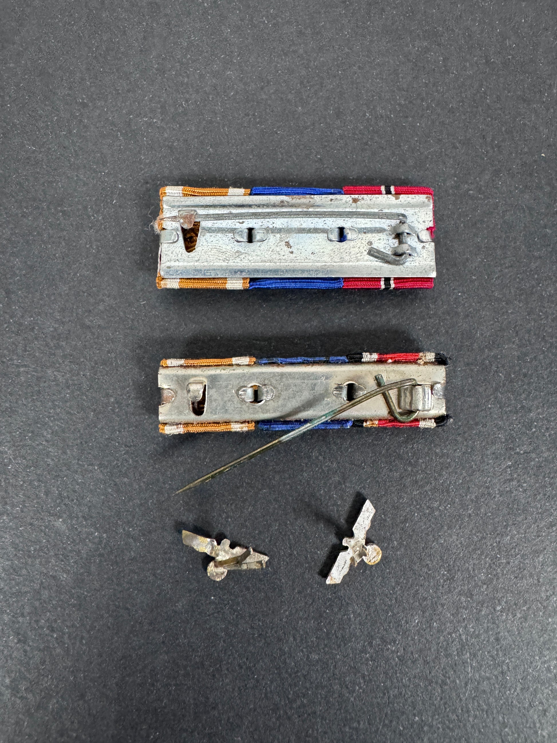 WW2 German Medal Ribbon Bars - Iron Cross, Eastern Front, Long Service, Westwall – Original German three-placed ribbon bar...