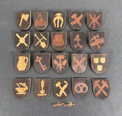 Third Reich Gau Baden Handwerker WHW Tinnie Shield Badges – A rare set of Winter-Hilfs-Werk (WHW) donation badges (tinnies...