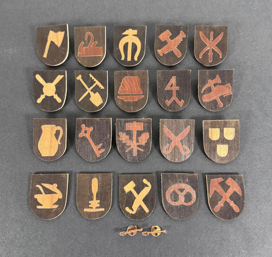 Third Reich Gau Baden Handwerker WHW Tinnie Shield Badges – A rare set of Winter-Hilfs-Werk (WHW) donation badges (tinnies...