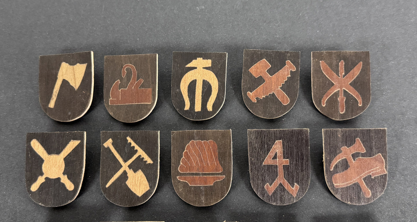 Third Reich Gau Baden Handwerker WHW Tinnie Shield Badges – A rare set of Winter-Hilfs-Werk (WHW) donation badges (tinnies...