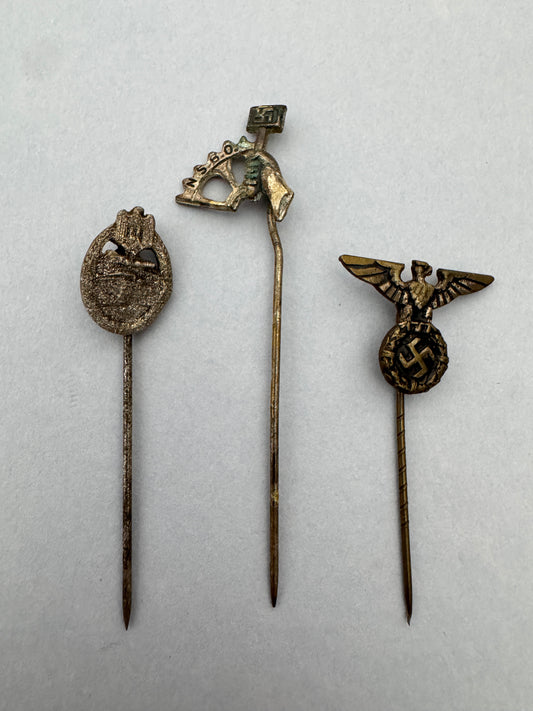 WW2 German Panzer Assault Badge & Other Stickpins – A trio of original stickpin miniature badges. A Panzer Assault Badge i...