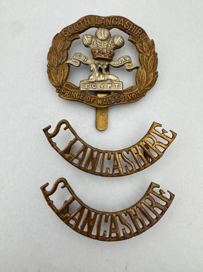 WW1 British Army South Lancashire Regiment Cap Badge & Shoulder Titles Set