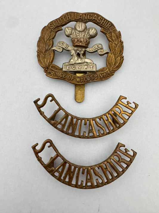 WW1 British Army South Lancashire Regiment Cap Badge & Shoulder Titles Set