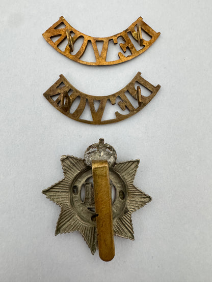 WW2 British Army Devonshire Regiment Cap Badge & Shoulder Titles Set