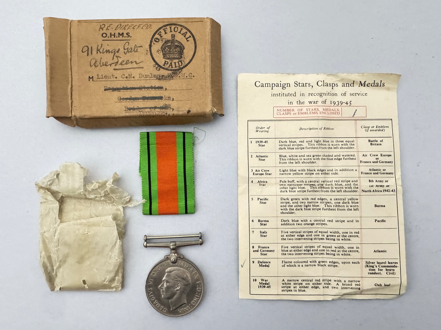 WW2 British Defence Medal Boxed to Officer of the Royal Army Medical Corps