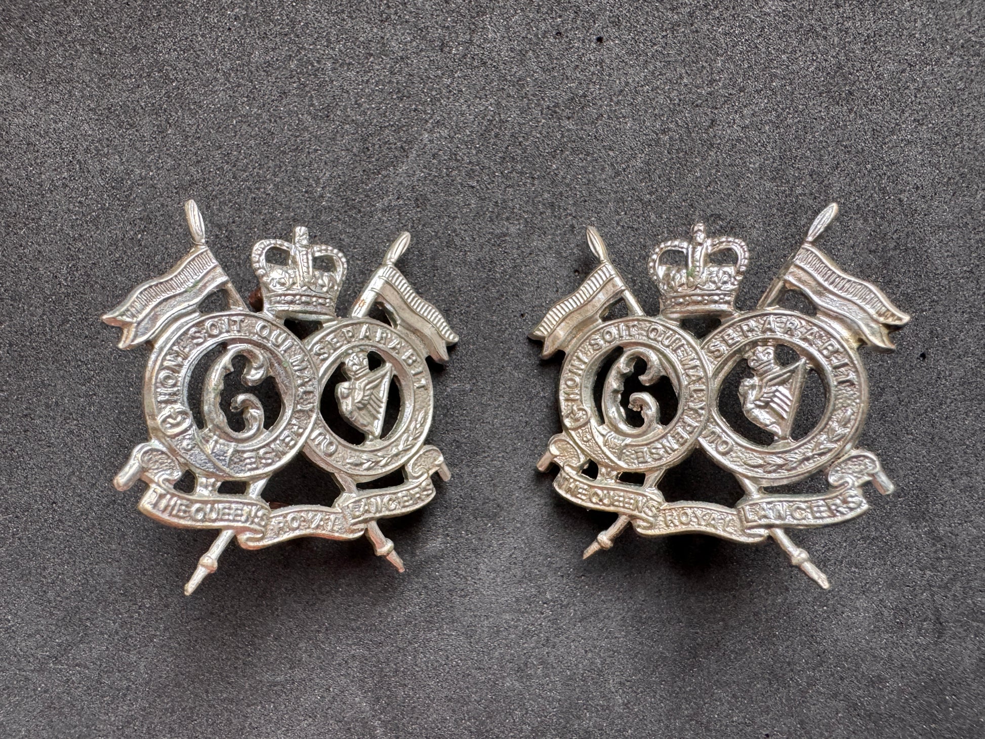 Photo 1 of After WW2 British Army 16th / 5th Queen's Royal Lancers Collar Badges - collectible militaria item