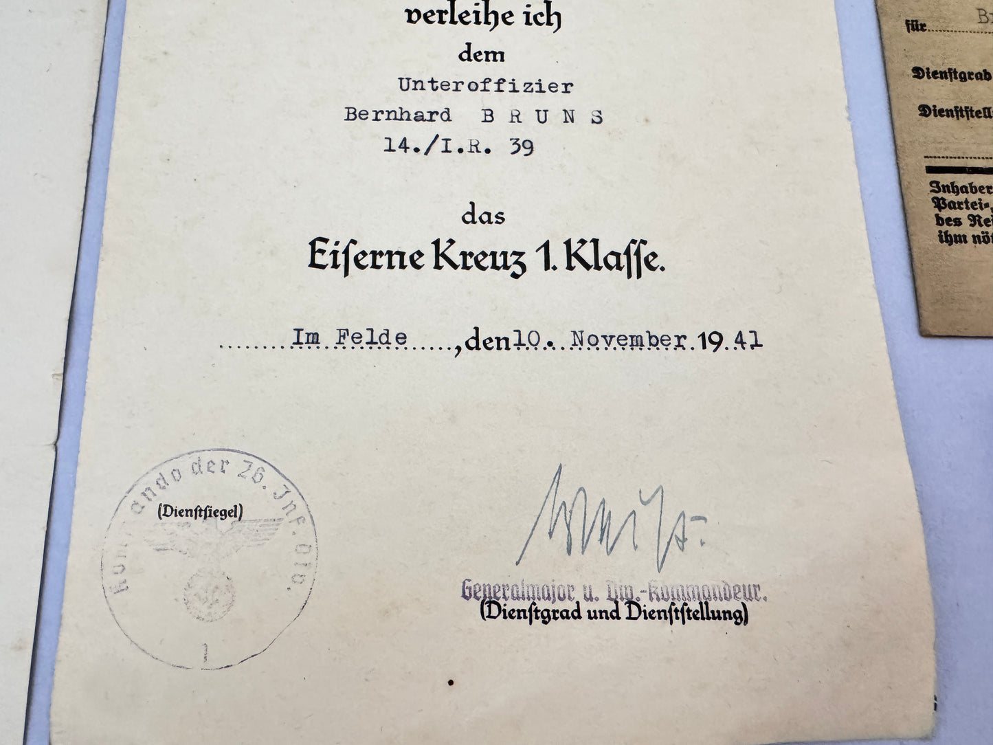 WW2 German Infantry Officer's Document Archive Iron Cross 1st Class