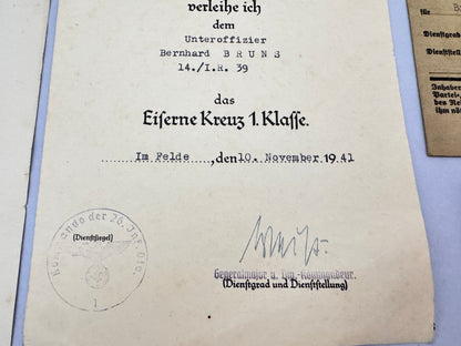 WW2 German Infantry Officer's Document Archive Iron Cross 1st Class