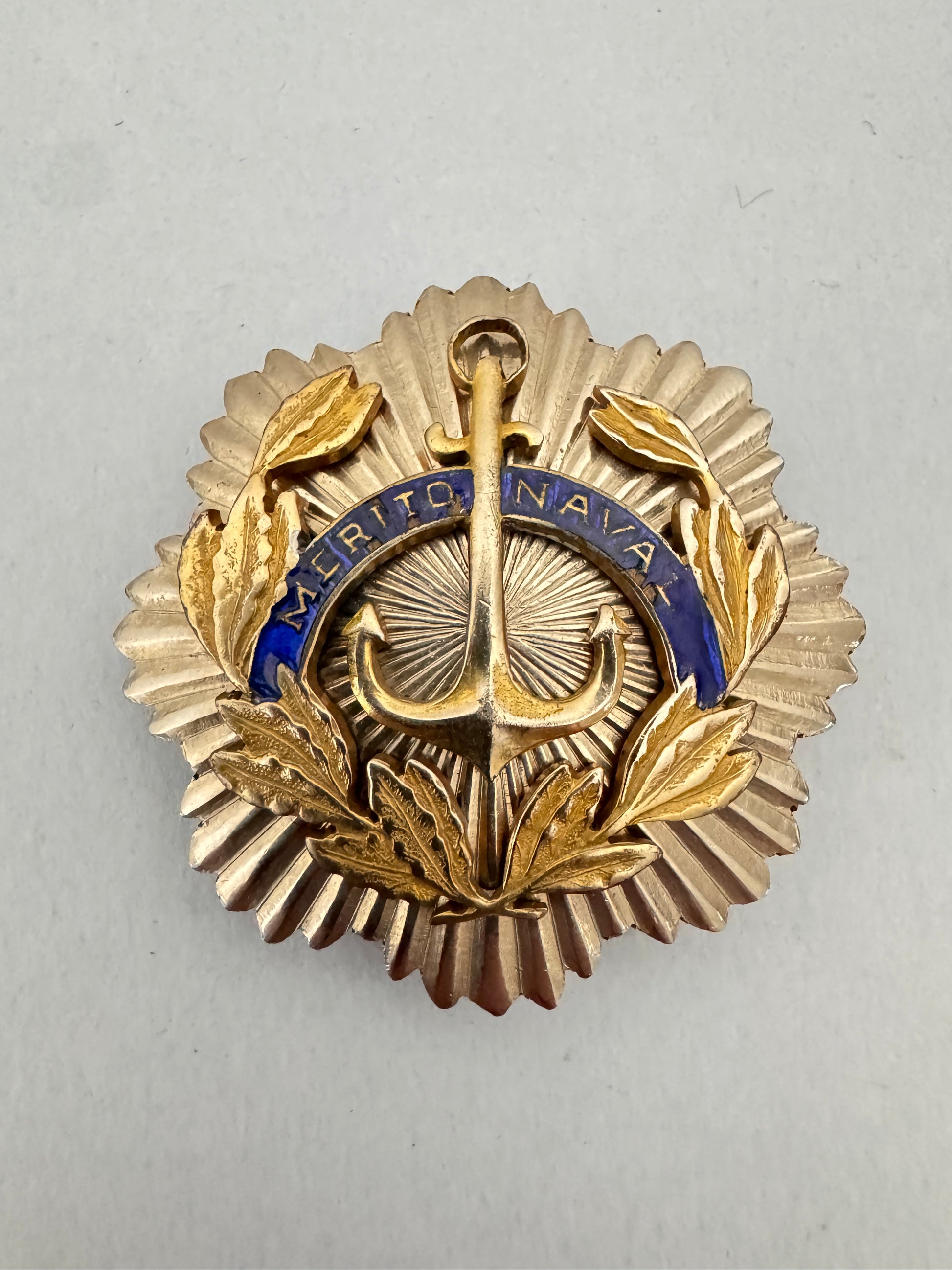 Gold and blue naval insignia on a gray background