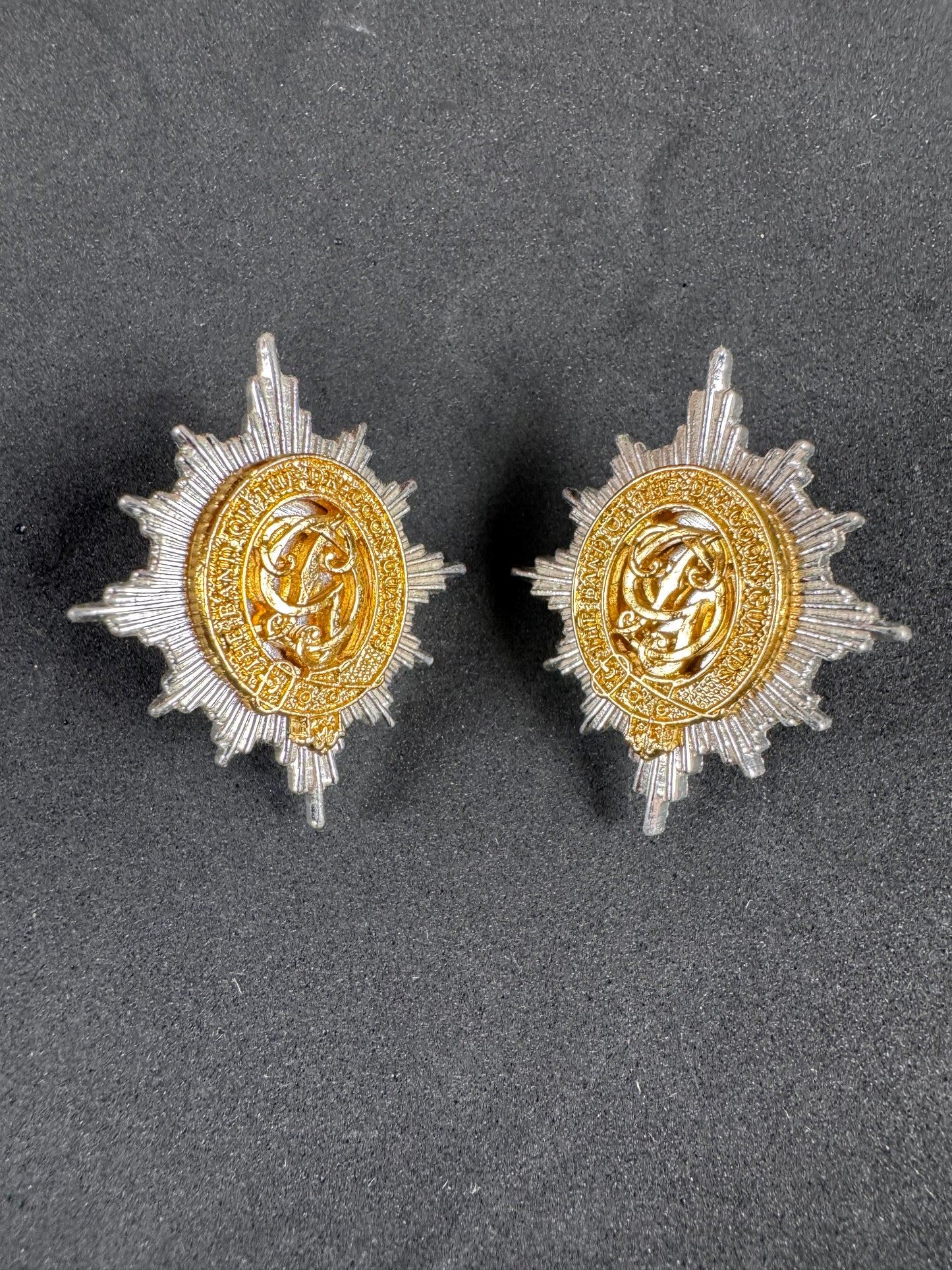 Photo 1 of After WW2 British Army The Band of The Dragoon Guards Collar Badges - collectible militaria item